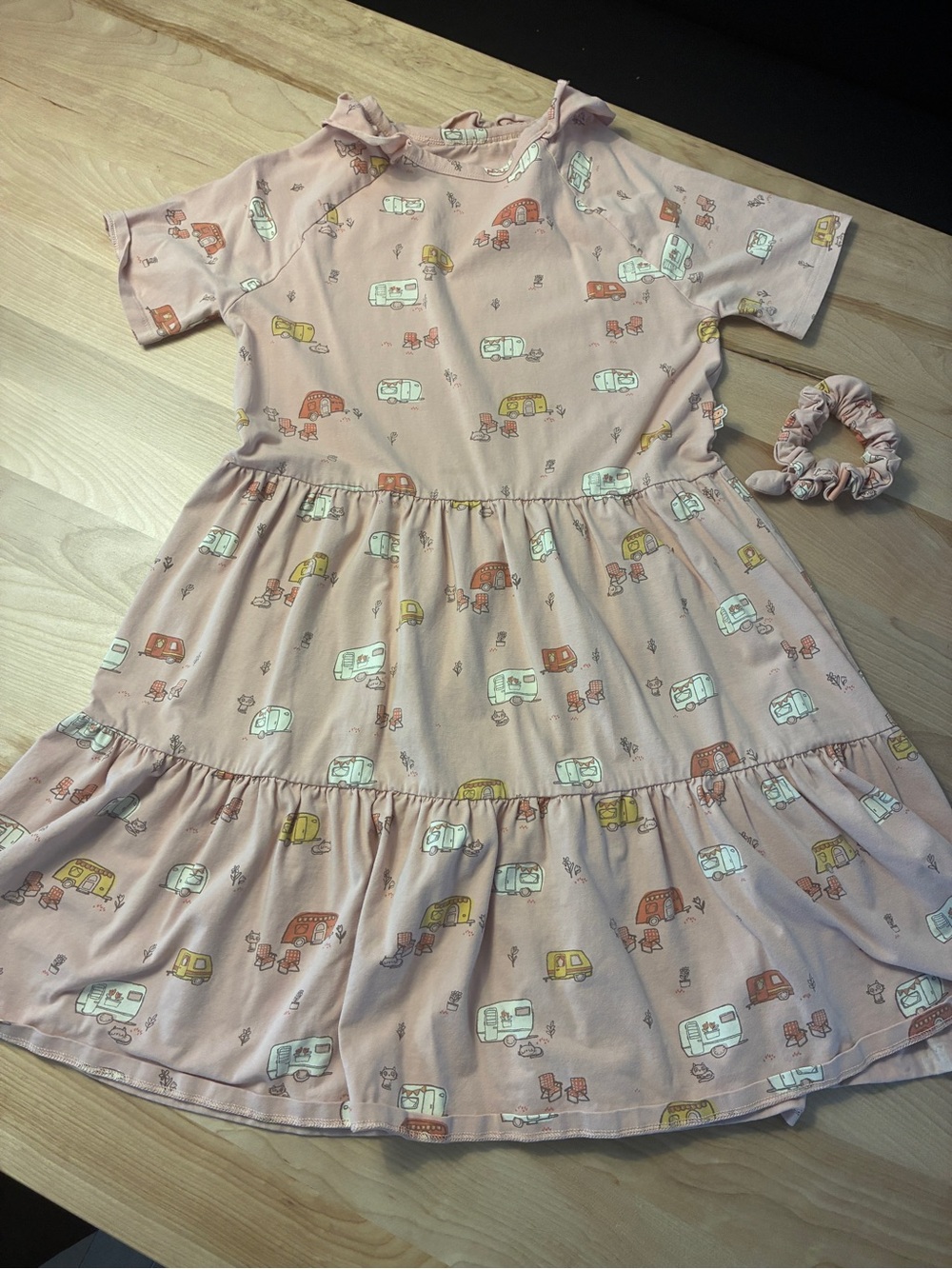 Souris Mini Girls' Blush Pink Tiered Camper Print Dress with Matching Scrunchie